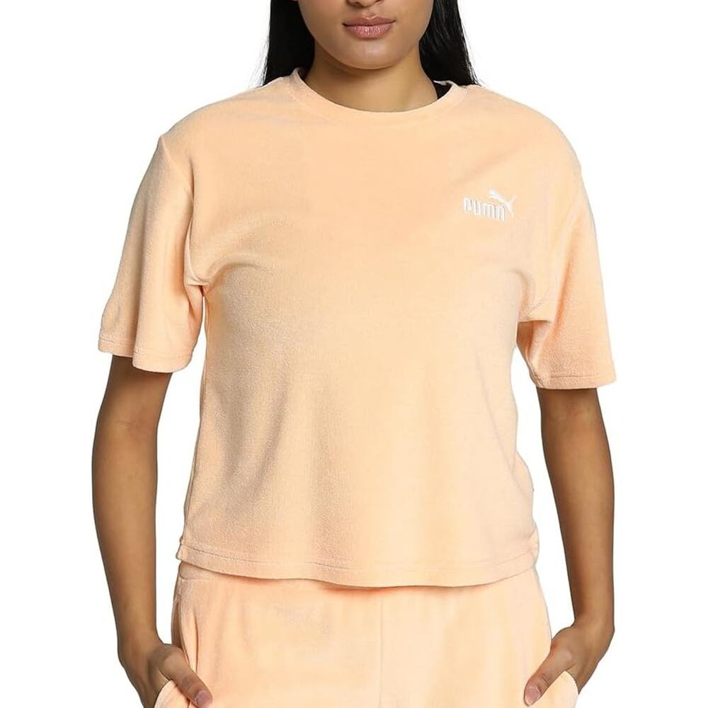 Puma Women ESS Elevated Relaxed Cropped Short Sleeve T-shirt Size M Peach Fizz